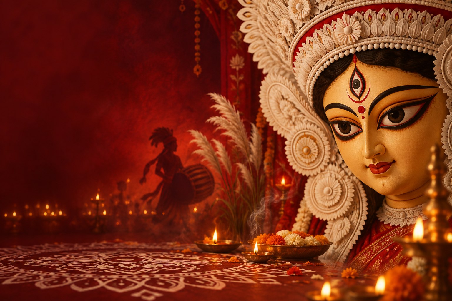 Artistic Durga idol with traditional shola work, diyas and alpana